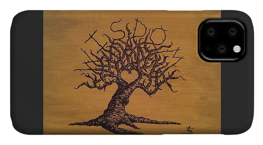 Wisdom iPhone 11 Case featuring the drawing Wisdom Love Tree by Aaron Bombalicki