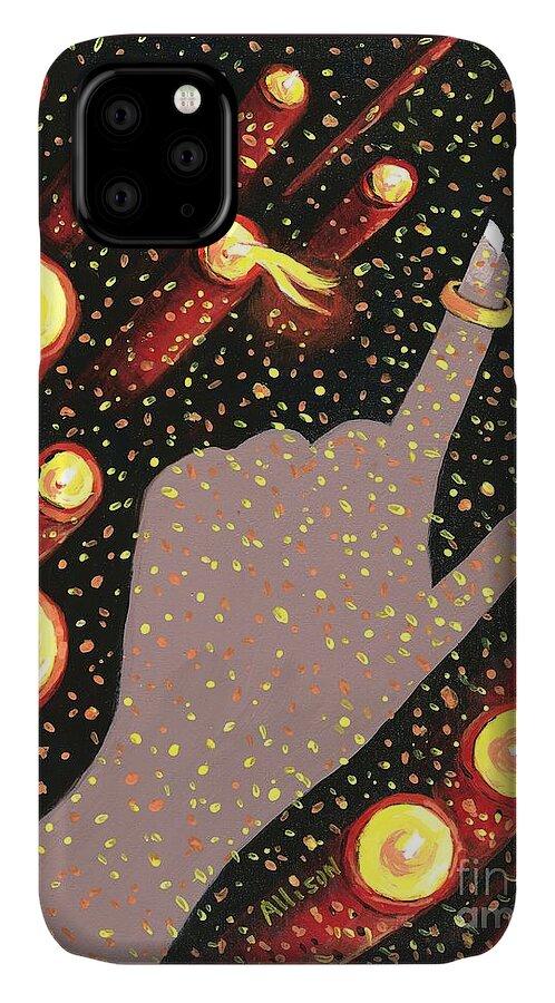 #sting #wrappedaroundmyfinger #music #candles iPhone 11 Case featuring the painting Wrapped Around My Finger by Allison Constantino