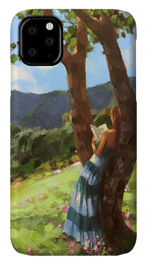 Reading iPhone 11 Case featuring the painting A Novel Landscape by Steve Henderson