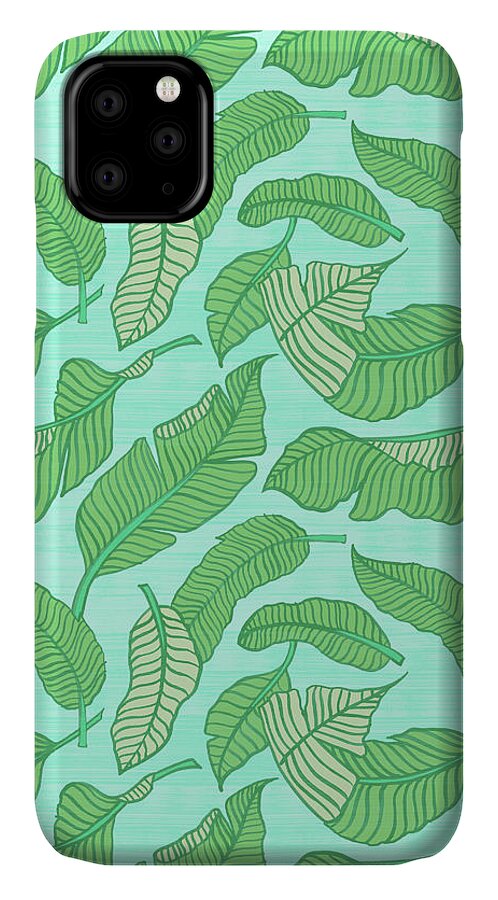 Banana Leaf iPhone 11 Case featuring the painting Banana Leaf Pattern Blue by Jen Montgomery