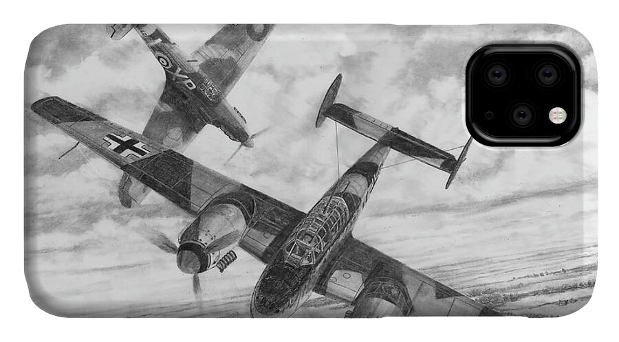 Military iPhone 11 Case featuring the drawing BF-110C Zerstorer by Douglas Castleman