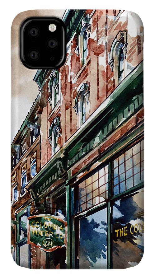 #watercolor #landscape #cityscape #columbia #columbiapa #oldbuildings #columbiawater iPhone 11 Case featuring the painting Columbia Water by Mick Williams