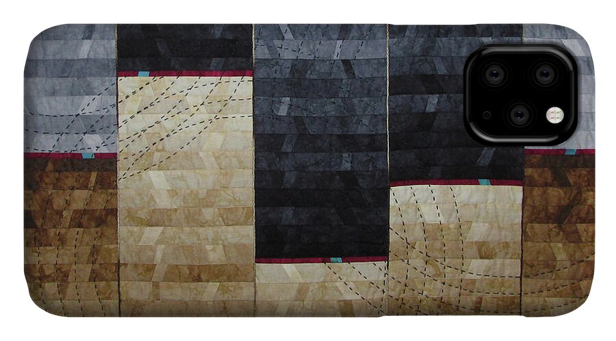 Art Quilt iPhone 11 Case featuring the tapestry - textile Daybreak is Your Midnight by Pam Geisel