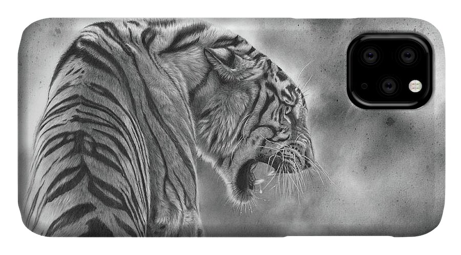 Tiger iPhone 11 Case featuring the drawing Defiant by Peter Williams
