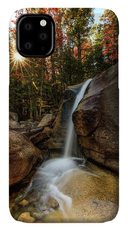 Waterfall; New Hampshire; New England; Diana's Baths; Fall; Falls; Sunstar; Trees; Sunrise; Long Exposure; Motion; Rocks; Flow; Mood; Autumn; Leaves; Colors; Rob Davies; Photography iPhone 11 Case featuring the photograph Diana's Baths by Rob Davies