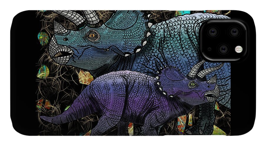 Dinosaur iPhone 11 Case featuring the digital art Dinosaur Triceratops and calf by Joan Stratton