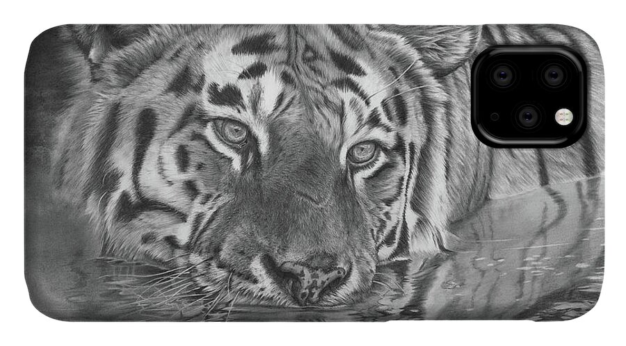 Tiger iPhone 11 Case featuring the drawing Drifting by Peter Williams