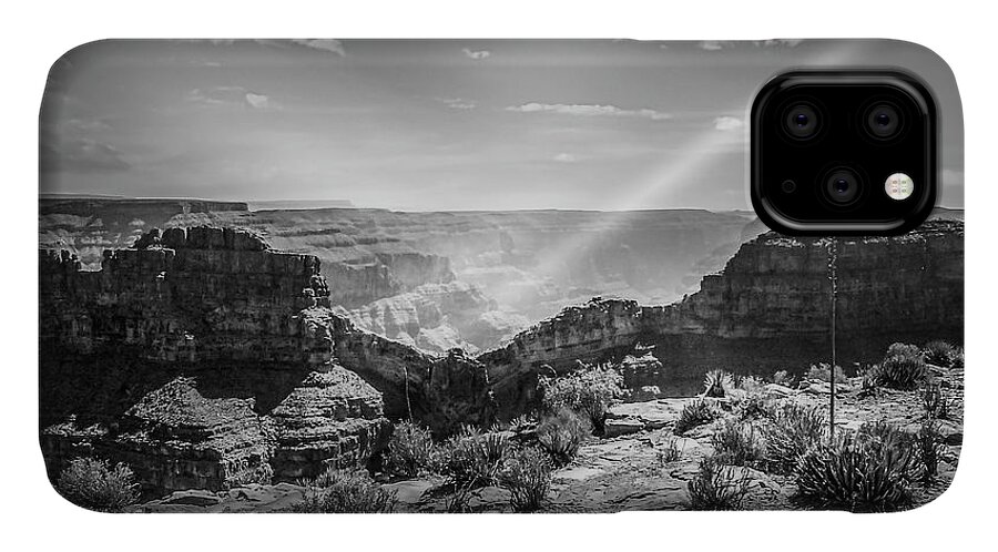 Canyon Eagle Grand Rim Rock The West Abyss Altitude Awesome Bluffs Breathtaking Chasm Cliffs Elevation Escarpment Face Formations Formidable High Black & White iPhone 11 Case featuring the digital art Eagle Rock, Grand Canyon in Black and White by Pheasant Run Gallery