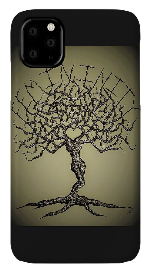 Women iPhone 11 Case featuring the drawing Femininity Love Tree b/w by Aaron Bombalicki