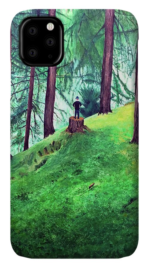 Green Forest iPhone 11 Case featuring the painting Forest Through The Trees by Thomas Blood