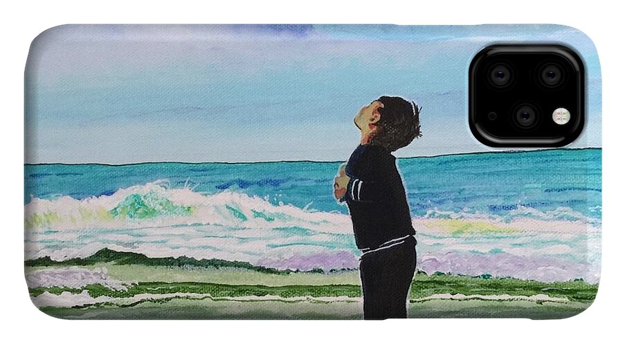 Beach iPhone 11 Case featuring the painting Gazing at Gulls by Sonja Jones