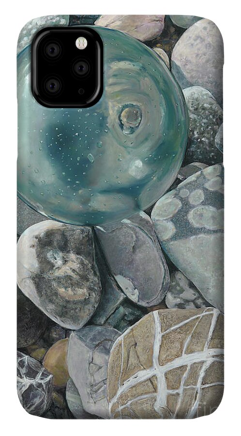 Birdseye Art Studio iPhone 11 Case featuring the painting Glass Float and Beach Rocks by Nick Payne
