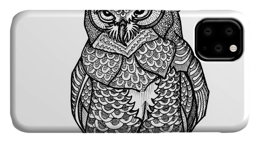 Animal Portrait iPhone 11 Case featuring the drawing Great Horned Owl by Amy E Fraser