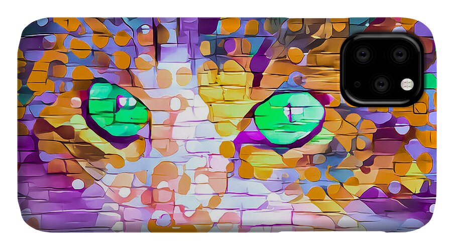 Surreal iPhone 11 Case featuring the digital art Green Eyed Cat Abstract by Don Northup