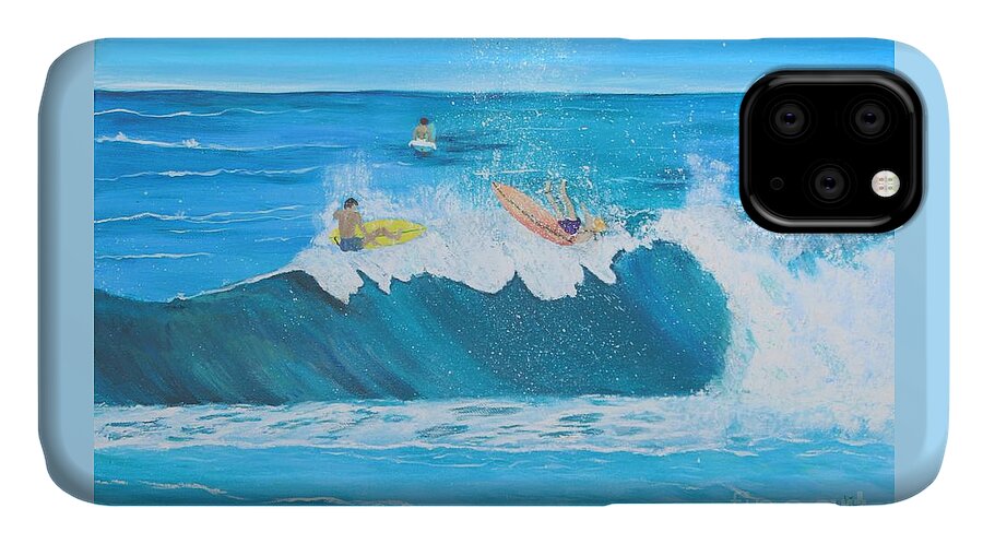 Surfing iPhone 11 Case featuring the painting Grubbing at the Crest by Elizabeth Mauldin