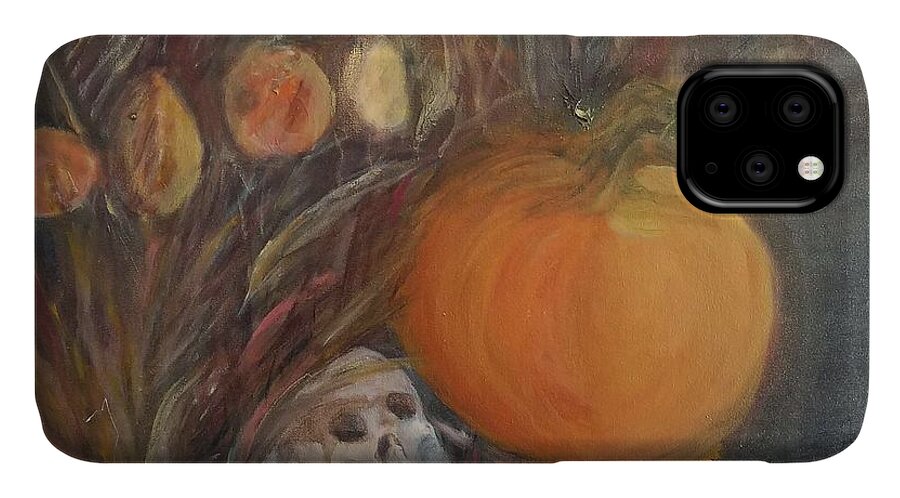 Halloween Pumpkin Skull Floral Flowers Basket iPhone 11 Case featuring the painting Halloween Pumpkin by Beverly Smith