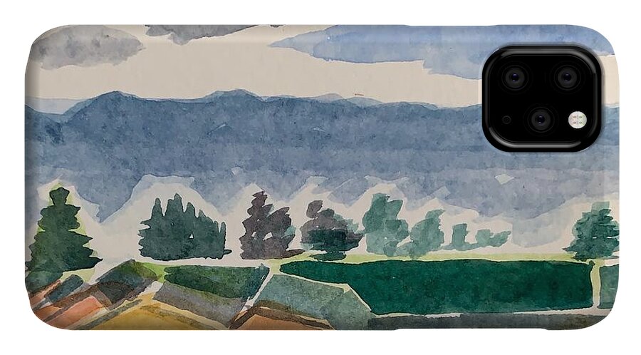 Abstract iPhone 11 Case featuring the painting Houses, Trees, Mountains, Clouds by Suzanne Giuriati Cerny