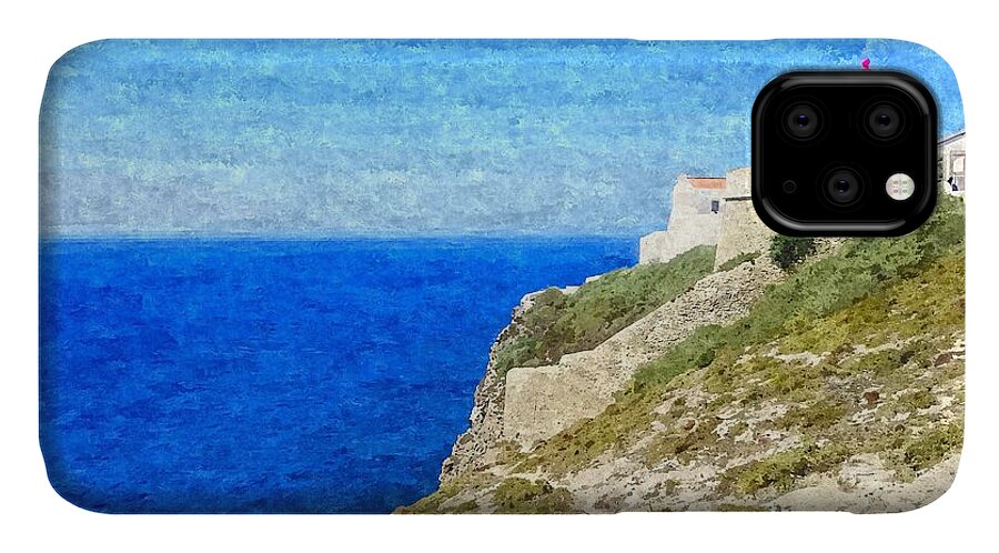 Art iPhone 11 Case featuring the photograph Lighthouse on top of a cliff overlooking the blue ocean on a sunny day, painted in oil on canvas. by Joaquin Corbalan