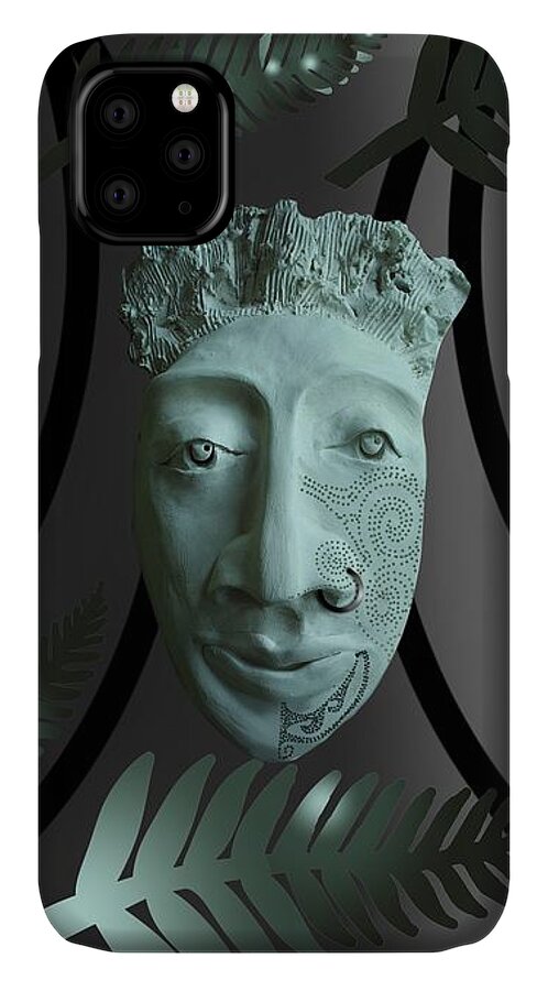 Mask The Maori Warrior iPhone 11 Case featuring the ceramic art Mask The Maori Warrior by Joan Stratton