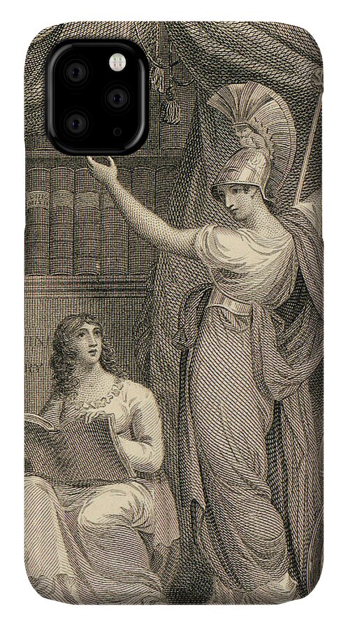 Athena iPhone 11 Case featuring the mixed media Minerva directing Study to the attainment of Universal Knowledge by William Humphrys