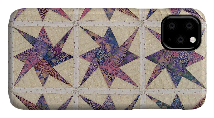 Art Quilt iPhone 11 Case featuring the tapestry - textile Nine Stars dipping their toes in the sea Sending Ripples to the Shore by Pam Geisel