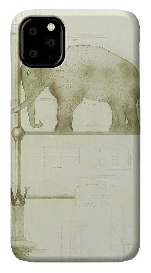 Elephant iPhone 11 Case featuring the drawing Pachyderm House, Philadelphia Zoo, detail of weather vane by Paul Philippe Cret