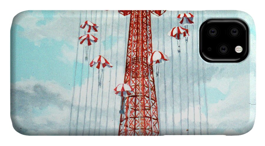  iPhone 11 Case featuring the painting Parachute Jump by Bonnie Siracusa