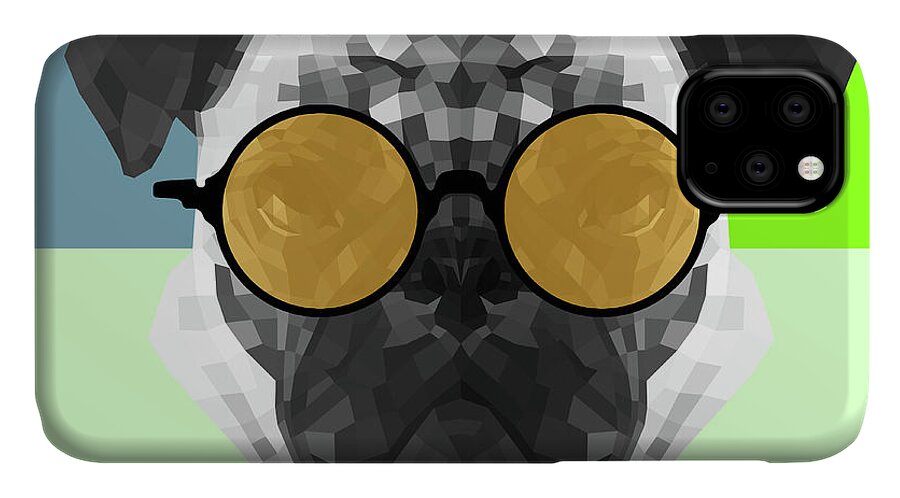 Pug iPhone 11 Case featuring the digital art Party Pug in Yellow Glasses by Naxart Studio