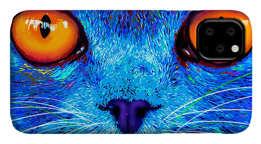 Gig Orange Eyes iPhone 11 Case featuring the painting pOpCat Boe - Big Orange Eyes by DC Langer