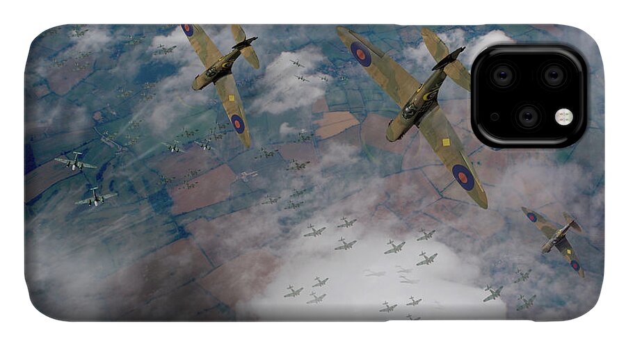 Spitfire iPhone 11 Case featuring the photograph RAF Spitfires swoop on Heinkels in Battle of Britain by Gary Eason