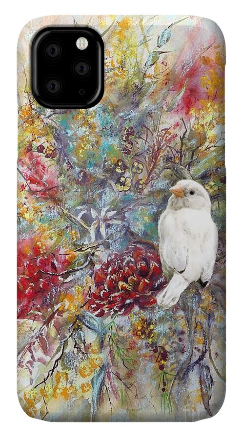 Rare iPhone 11 Case featuring the painting Rare White Sparrow - portrait view. by Ryn Shell