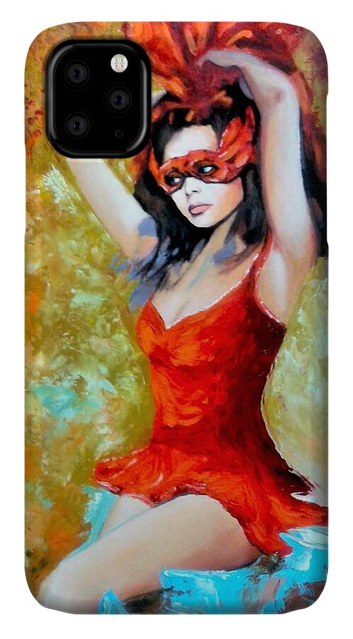 Women iPhone 11 Case featuring the painting Red Mask Lady by Jose Manuel Abraham
