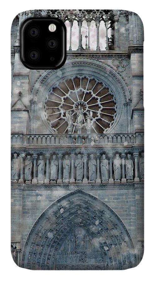 Notre Dame iPhone 11 Case featuring the mixed media St Joan of Arc Watch Over Notre Dame by Joan Stratton