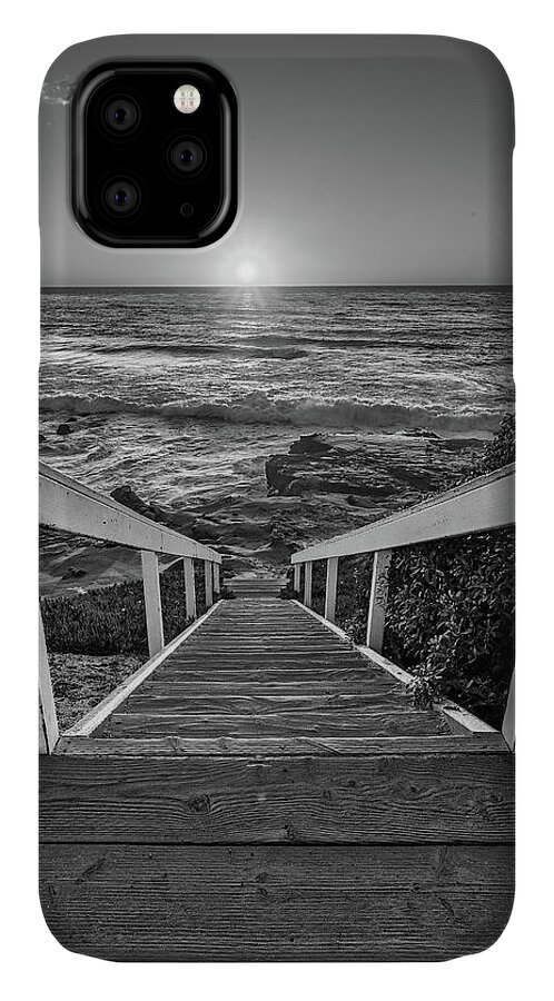 Beach Art iPhone 11 Case featuring the photograph Steps to the Sun Black and White by Peter Tellone
