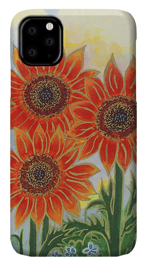 Sunflowers iPhone 11 Case featuring the painting Sunny Red-Orange Sunflowers by Holly Carmichael
