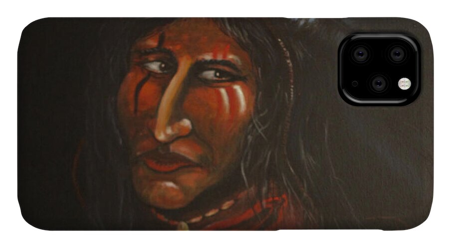 American Indian Warrior iPhone 11 Case featuring the painting Suspicion or Uncertainty by Philip And Robbie Bracco