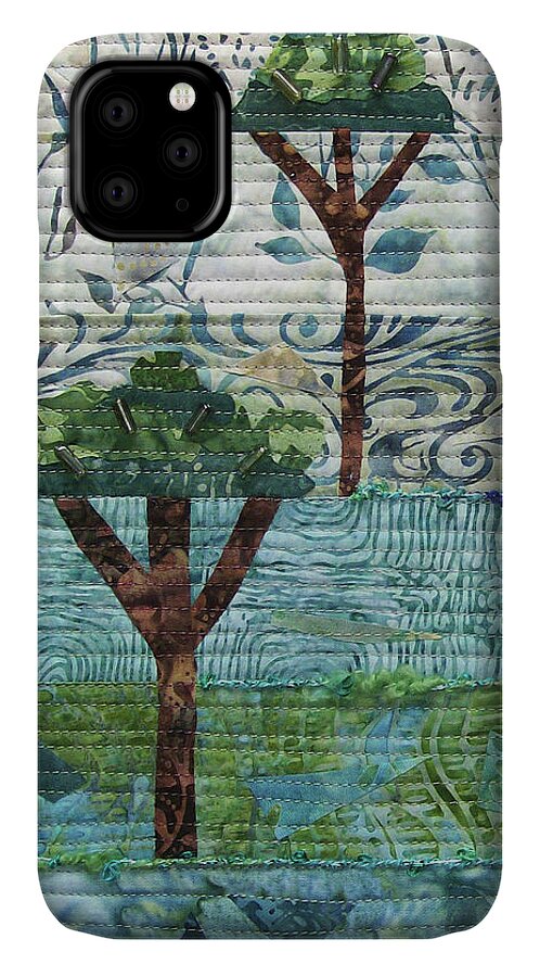 Art Quilt iPhone 11 Case featuring the tapestry - textile Three Trees by Pam Geisel