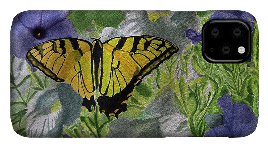 Tiger Swallowtail iPhone 11 Case featuring the painting Tiger and Morning Glory by Wade Clark