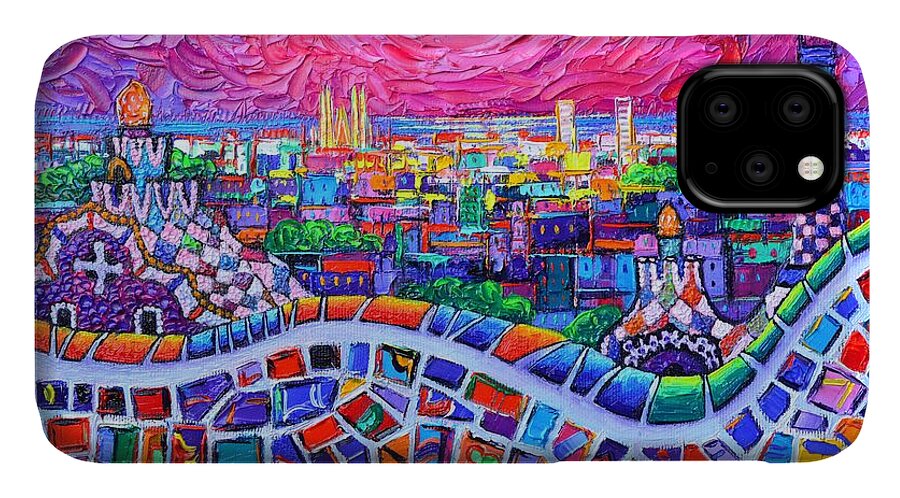 Barcelona iPhone 11 Case featuring the painting VIBRANT BARCELONA NIGHT VIEW FROM PARK GUELL modern impressionism knife painting Ana Maria Edulescu by Ana Maria Edulescu