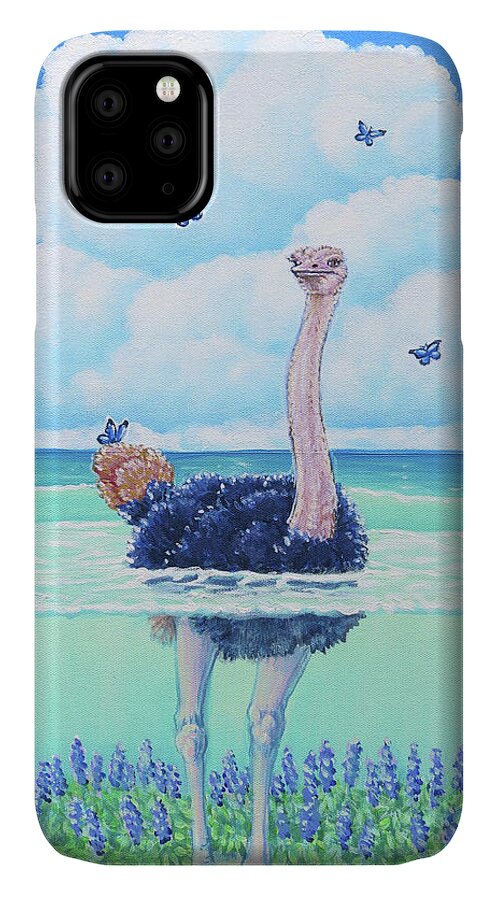Ostrich iPhone 11 Case featuring the painting Wading Ostrich by Elisabeth Sullivan