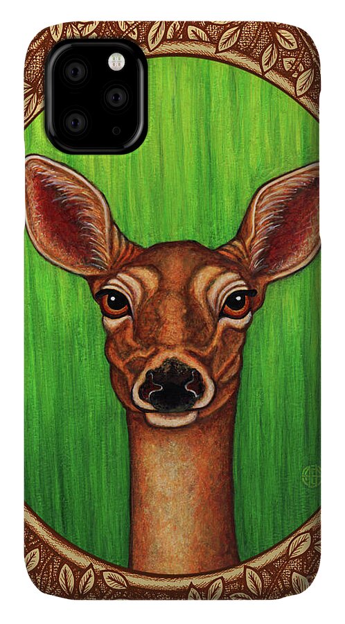 Animal Portrait iPhone 11 Case featuring the painting White Tailed Doe Portrait - Brown Border by Amy E Fraser