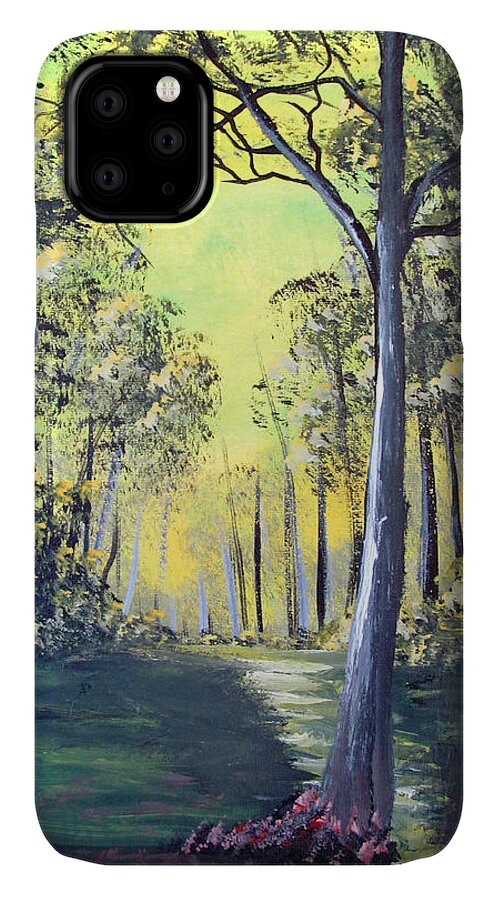 Yelow Forest iPhone 11 Case featuring the painting Yellow Forrest by Gloria E Barreto-Rodriguez