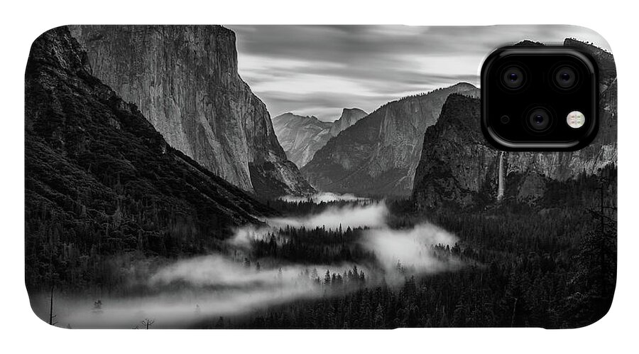 Black And White iPhone 11 Case featuring the photograph Yosemite fog 1 by Stephen Holst