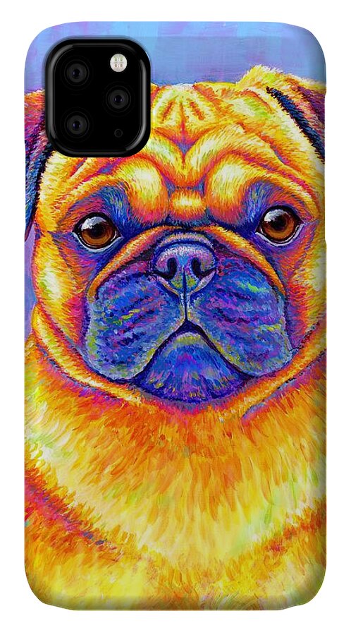 Pug iPhone 11 Case featuring the painting Colorful Rainbow Pug Dog Portrait by Rebecca Wang