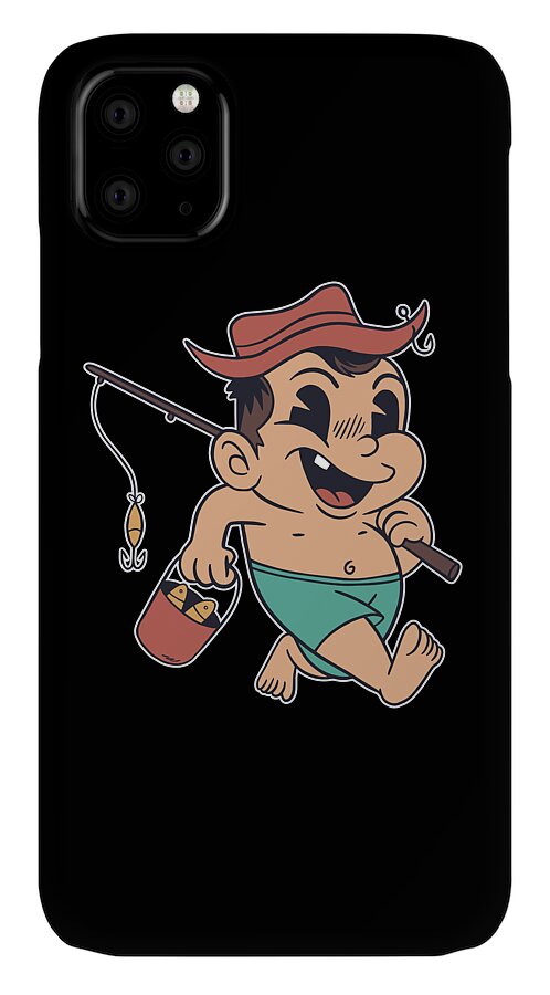 Kid fishing with rod and fish basket funny cartoon iPhone 11 Case by Norman  W - Pixels
