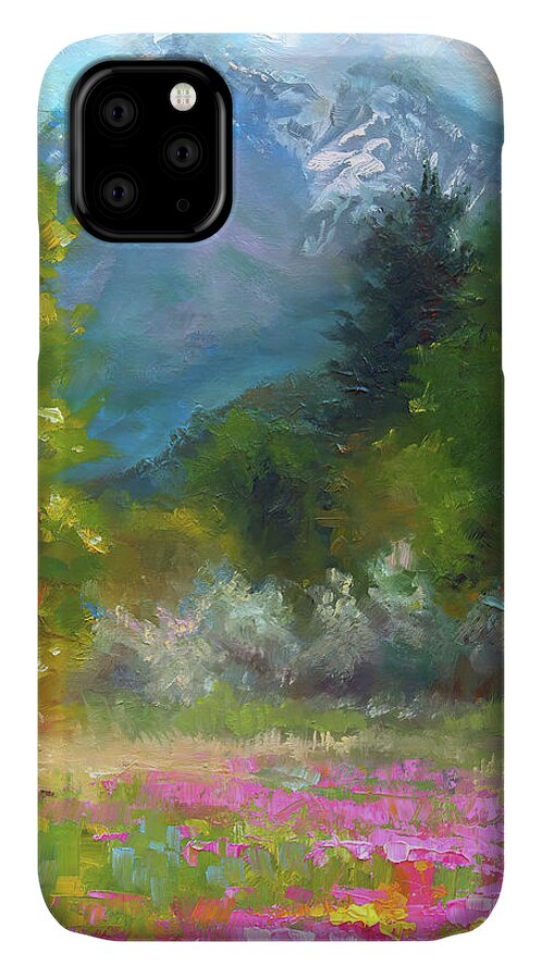 Wildflower iPhone 11 Case featuring the painting Pioneer Peaking - flowers and mountain in Alaska by Talya Johnson