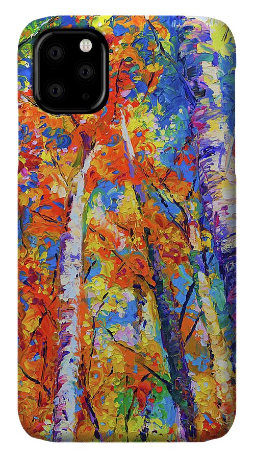 Trees iPhone 11 Case featuring the painting Redemption - fall birch and aspen by Talya Johnson