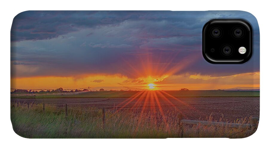Sunset iPhone 11 Case featuring the photograph Summer Sunset on the Farm, Textured by Marcy Wielfaert
