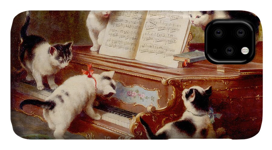 Carl Reichert iPhone 11 Case featuring the painting The Kittens Recital by Carl Reichert