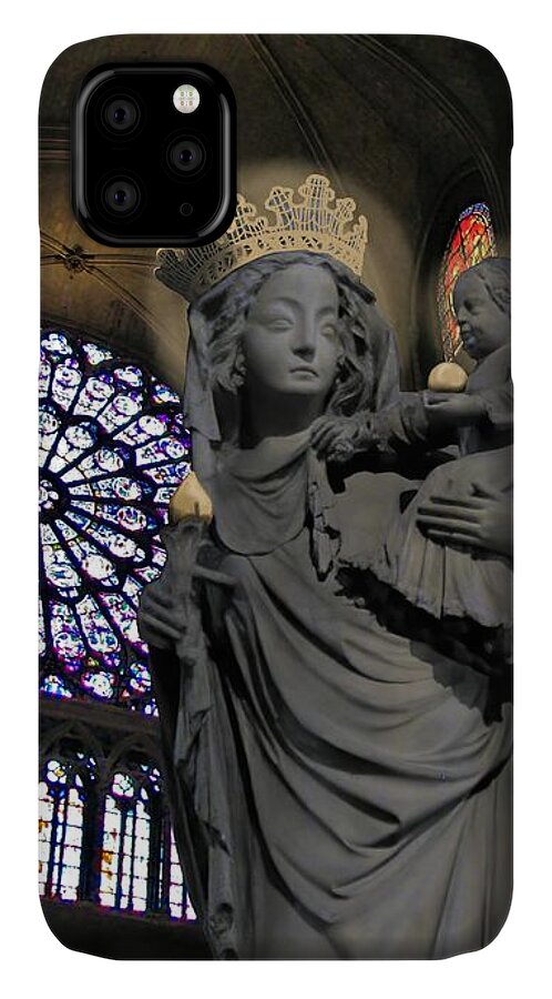 Notre Dame iPhone 11 Case featuring the mixed media Virgin and Christ Notre Dame by Joan Stratton